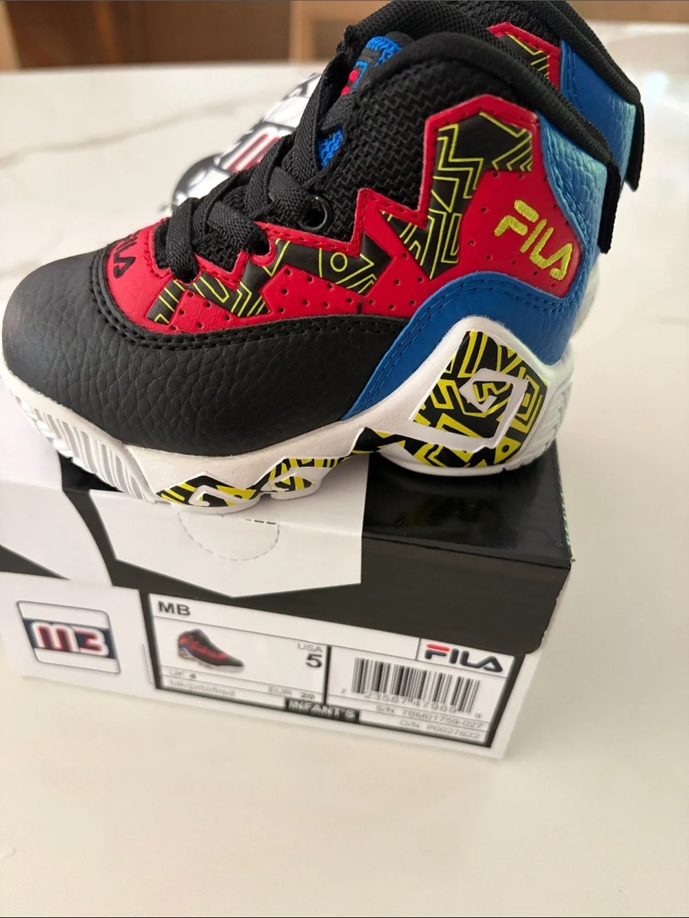 Fila Kids Black, Red & Blue High-Top Sneakers with Yellow Accents